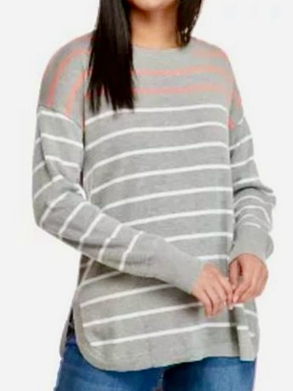 Crown & Ivy Gray Sweater Coral White Stripes Back Zip Size XL